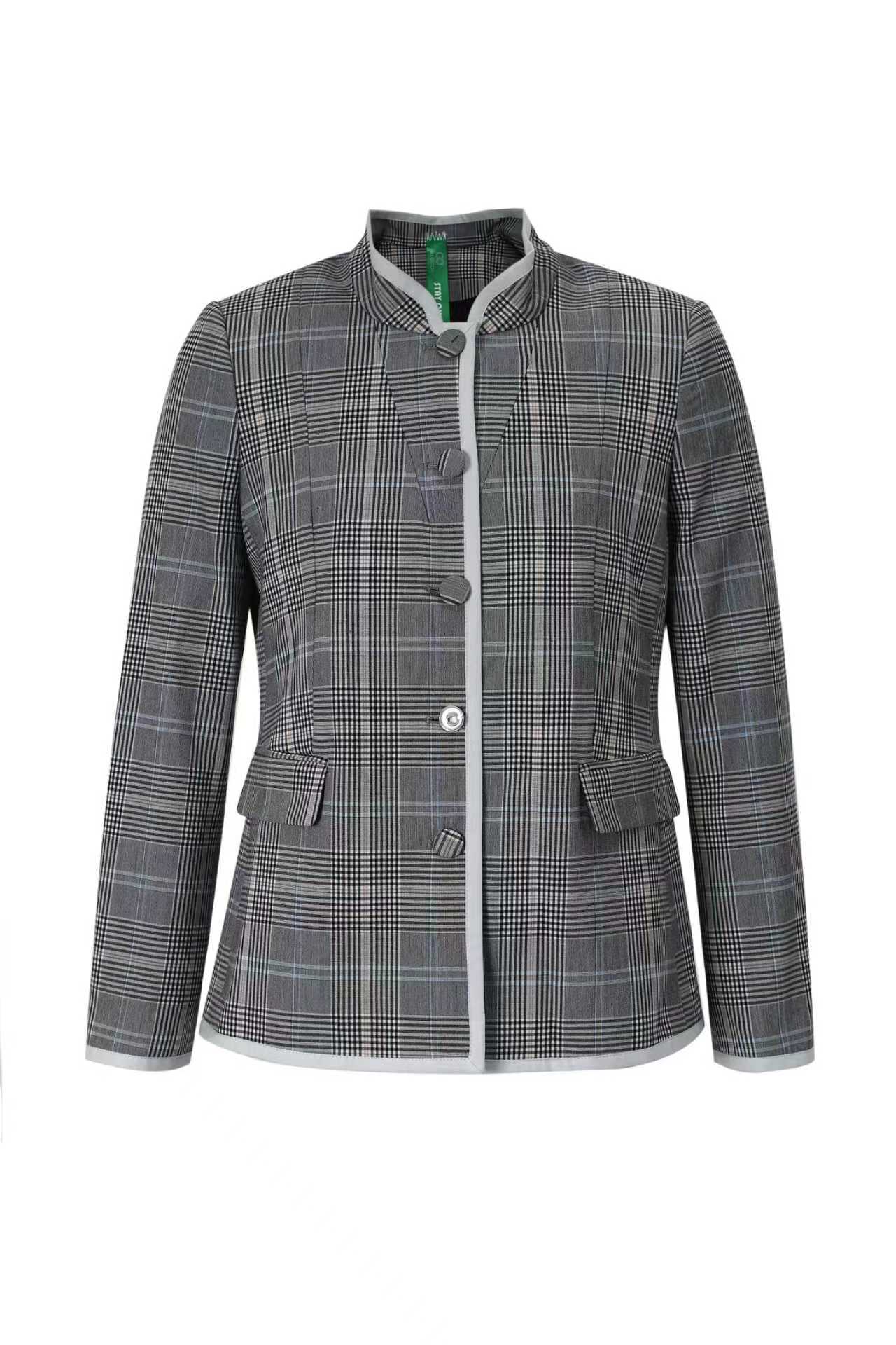 Upcycled Gray Plaid Stand-Collar Jacket – Modern Smart & Minimalist