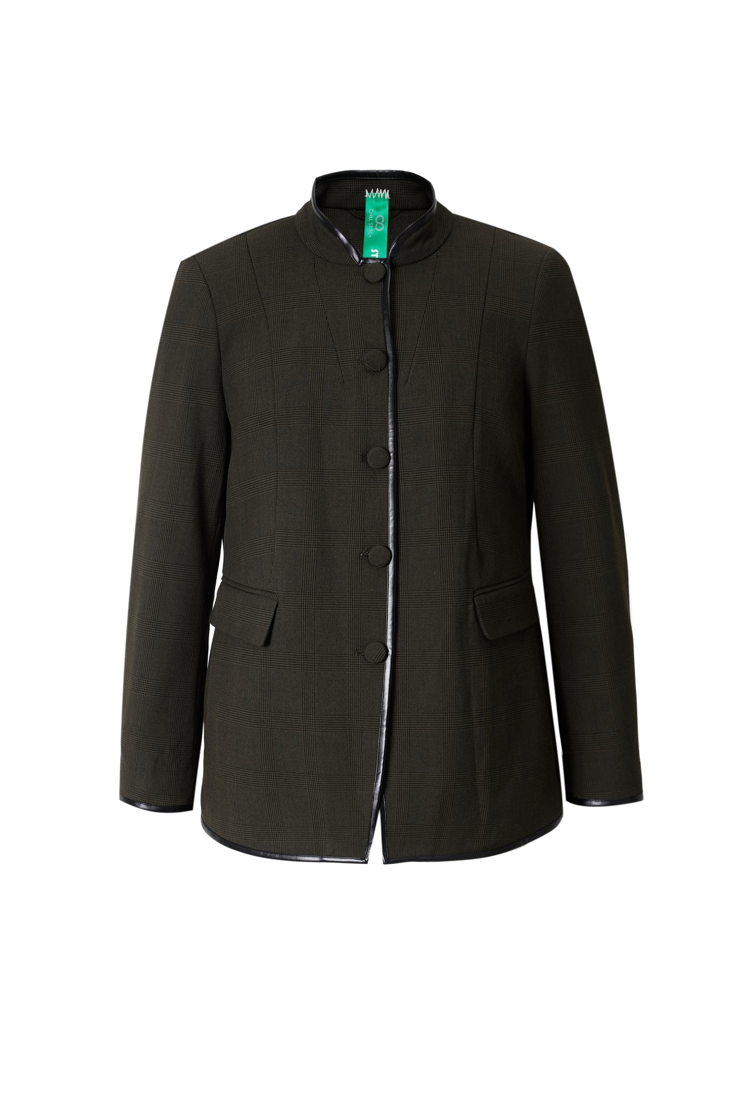 Upcycled Brown Stand-Collar Jacket – Plaid Meets Punk Edge