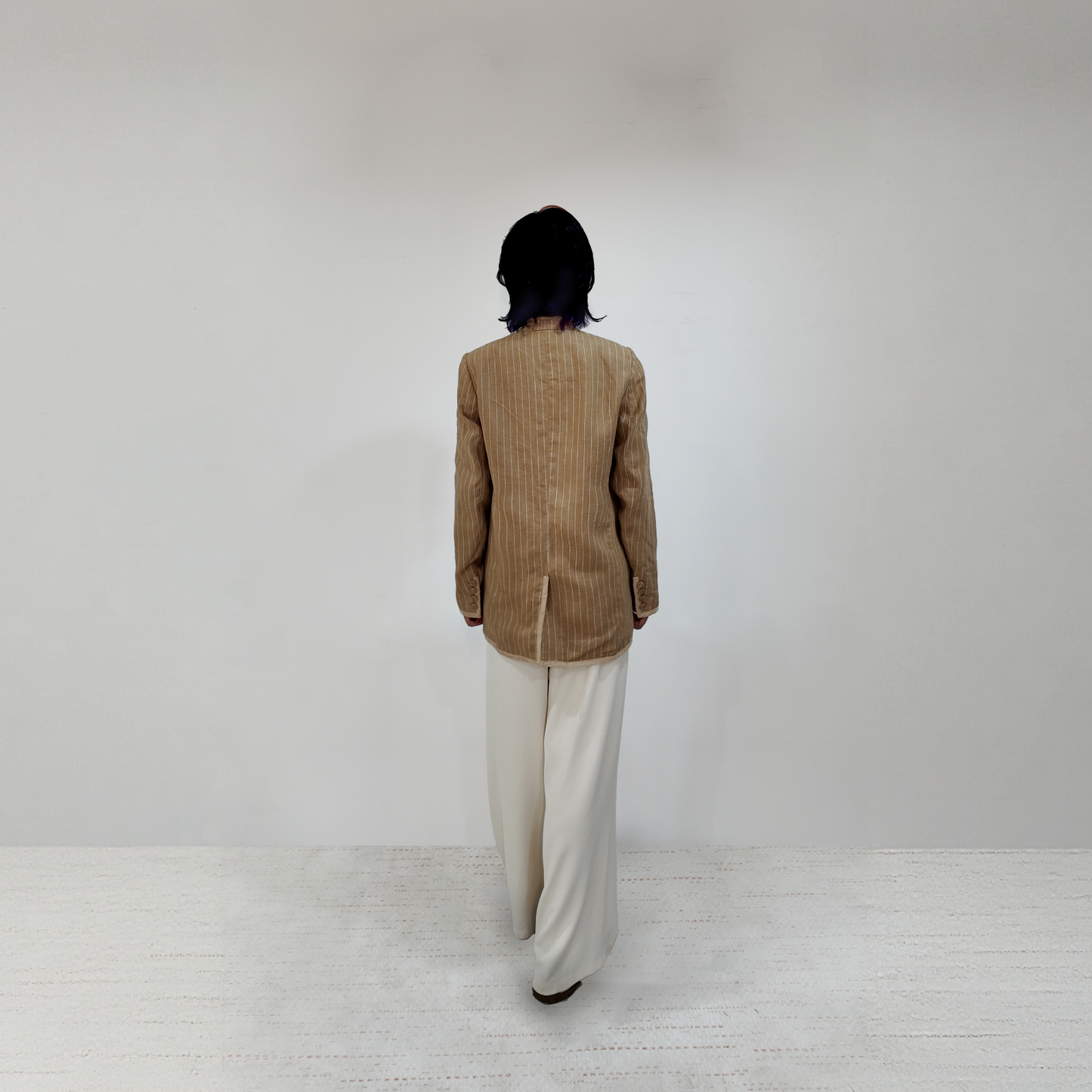 Upcycled Khaki Striped Stand-Collar Jacket – Subtle Shine & Elegant Structure