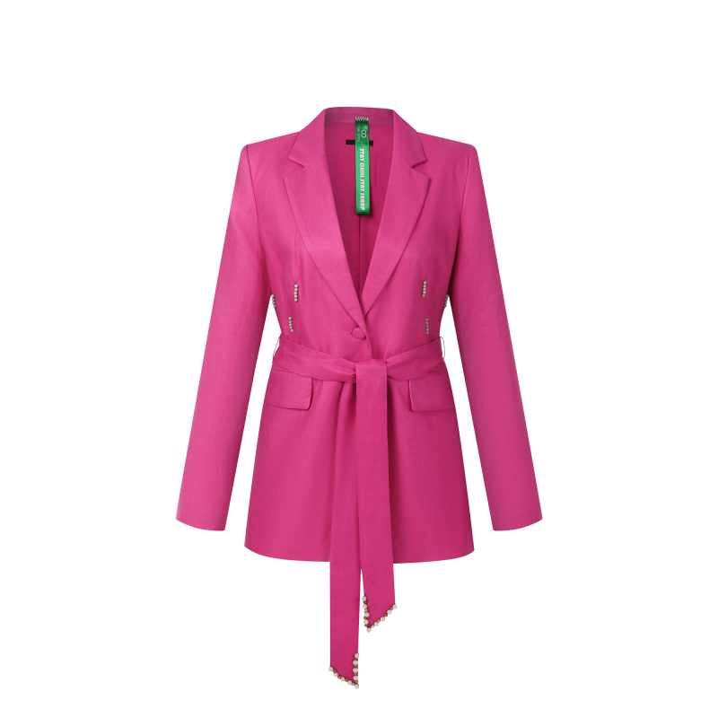 Upcycled Pink Linen Blazer with Jade Belt Detail