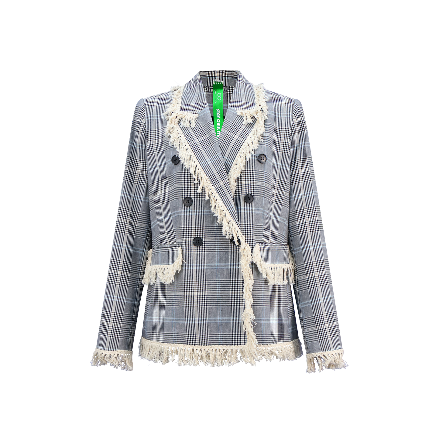 Upcycled Check Fringe Blazer – Vintage-Inspired Sustainable Outerwear