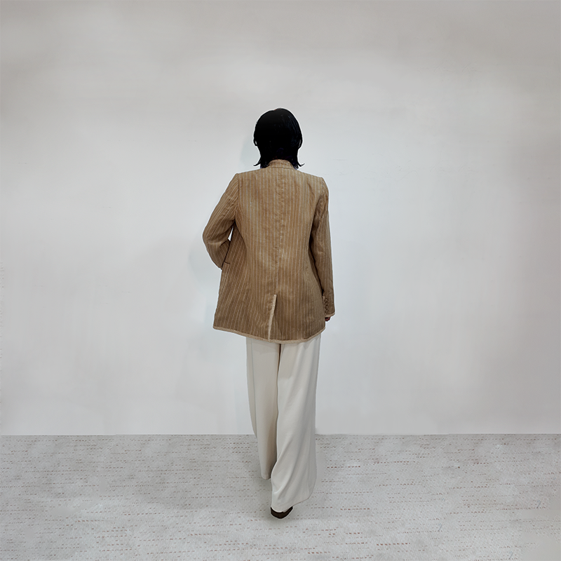 Upcycled Khaki Striped Stand-Collar Jacket – Subtle Shine & Elegant Structure