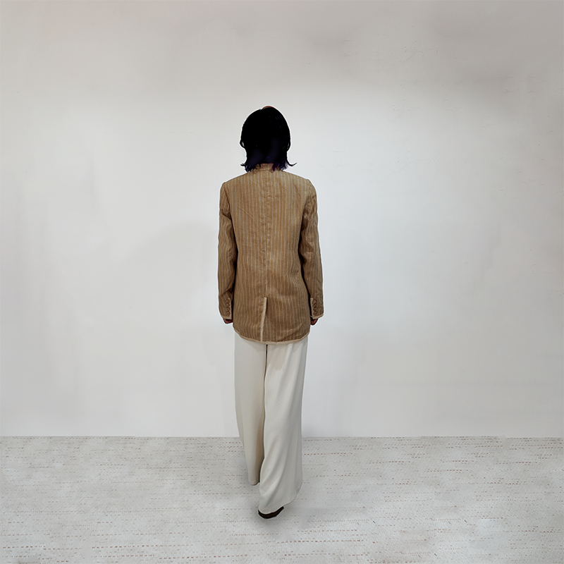 Upcycled Khaki Striped Stand-Collar Jacket – Subtle Shine & Elegant Structure