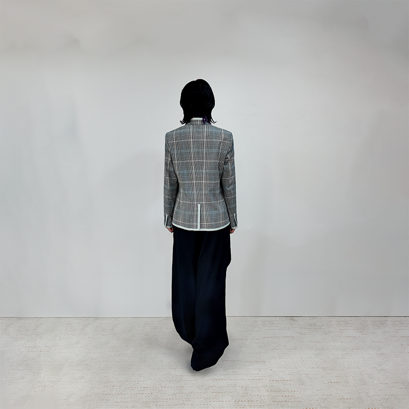 Upcycled Gray Plaid Stand-Collar Jacket – Modern Smart & Minimalist