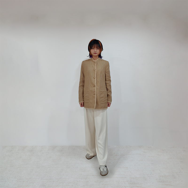Upcycled Khaki Striped Stand-Collar Jacket – Subtle Shine & Elegant Structure