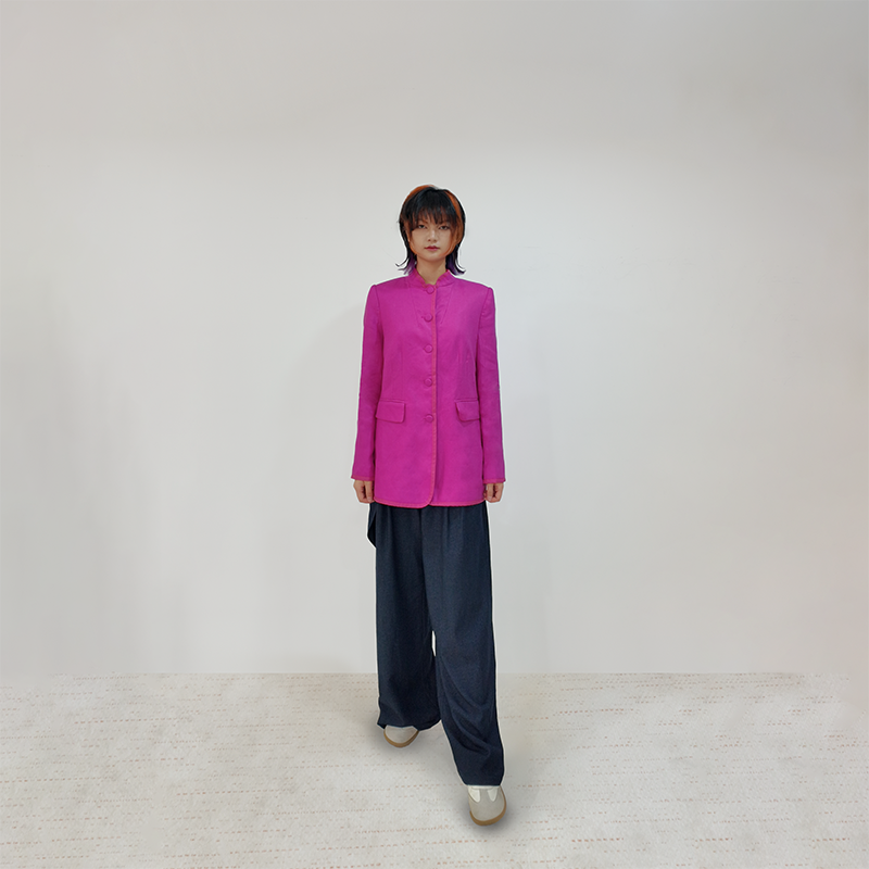 Upcycled Rose Red Stand-Collar Jacket – Modern Oriental Elegance