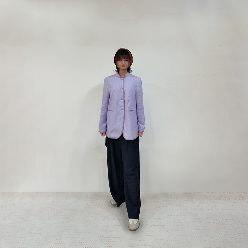 Sustainable Lilac Linen Jacket for Women – Stand-Collar & Soft Elegance