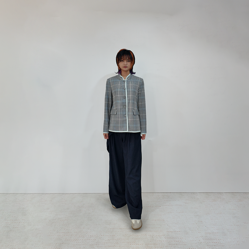 Upcycled Gray Plaid Stand-Collar Jacket – Modern Smart & Minimalist