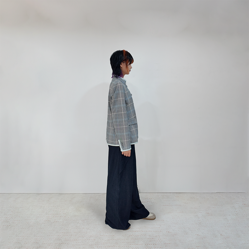 Upcycled Gray Plaid Stand-Collar Jacket – Modern Smart & Minimalist