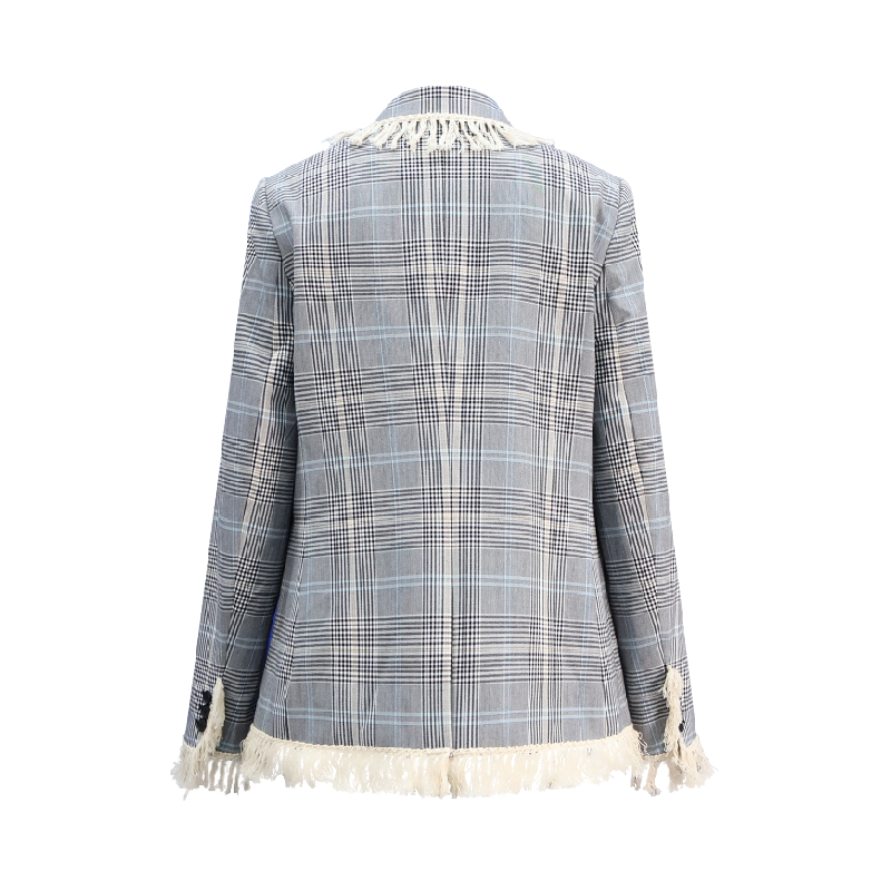 Upcycled Check Fringe Blazer – Vintage-Inspired Sustainable Outerwear