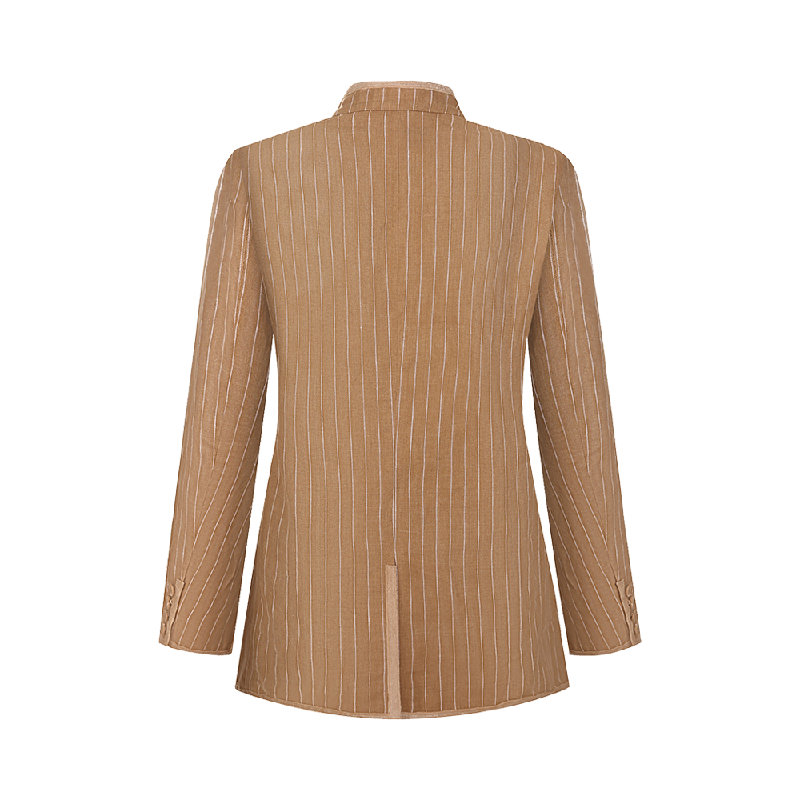 Upcycled Khaki Striped Stand-Collar Jacket – Subtle Shine & Elegant Structure