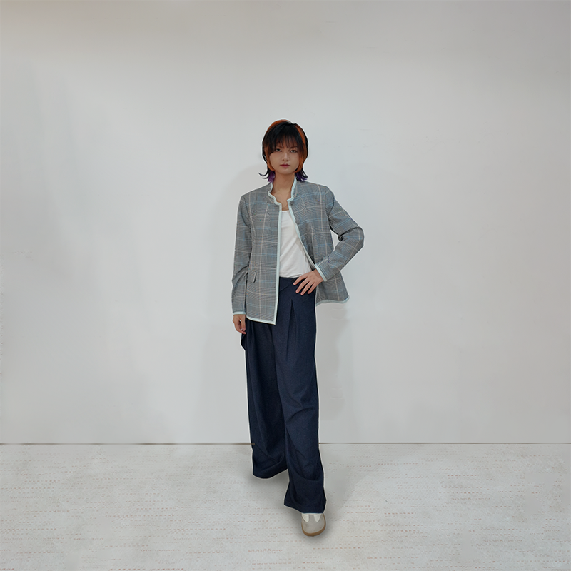 Upcycled Gray Plaid Stand-Collar Jacket – Modern Smart & Minimalist