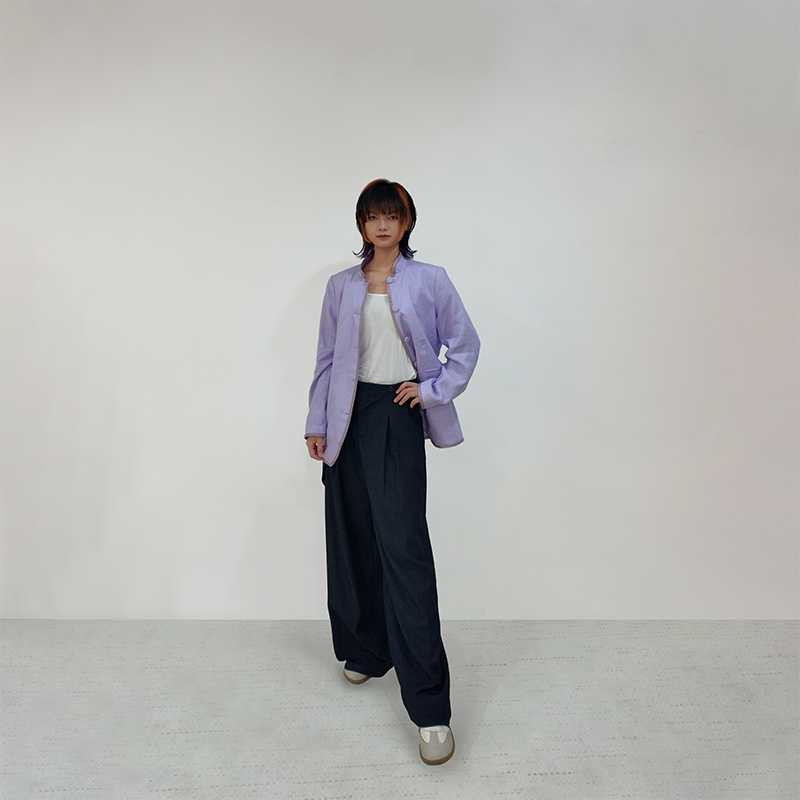 Sustainable Lilac Linen Jacket for Women – Stand-Collar & Soft Elegance