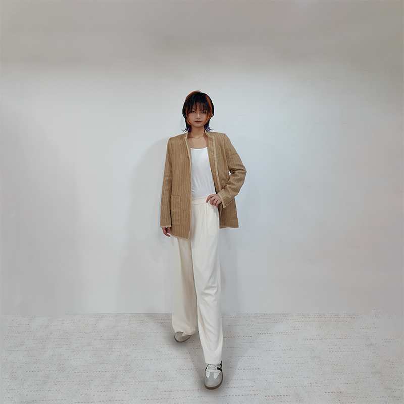 Upcycled Khaki Striped Stand-Collar Jacket – Subtle Shine & Elegant Structure
