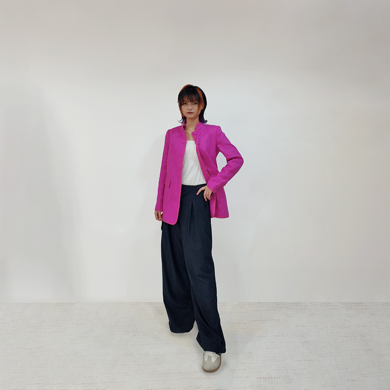 Upcycled Rose Red Stand-Collar Jacket – Modern Oriental Elegance