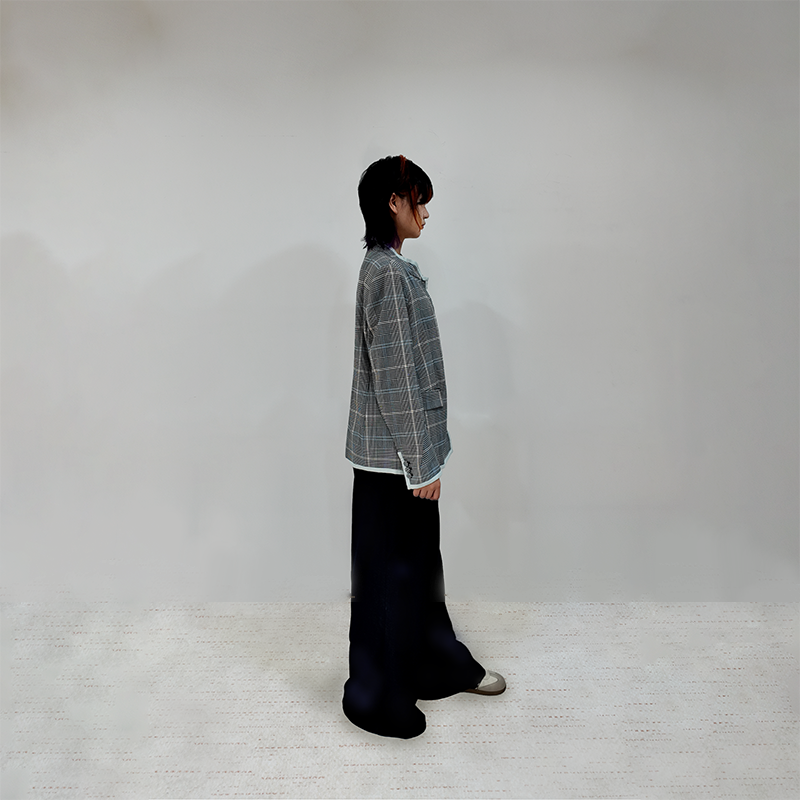 Upcycled Gray Plaid Stand-Collar Jacket – Modern Smart & Minimalist