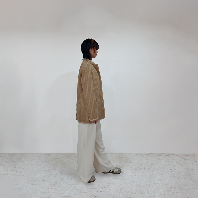 Upcycled Khaki Striped Stand-Collar Jacket – Subtle Shine & Elegant Structure