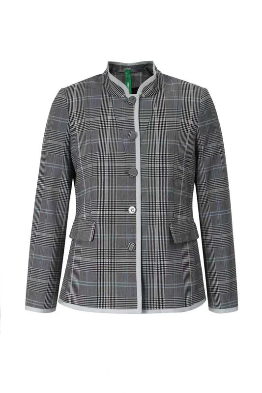 Upcycled Gray Plaid Stand-Collar Jacket – Modern Smart & Minimalist