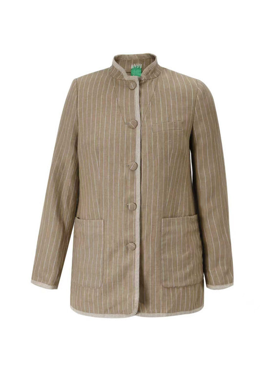 Upcycled Khaki Striped Stand-Collar Jacket – Subtle Shine & Elegant Structure