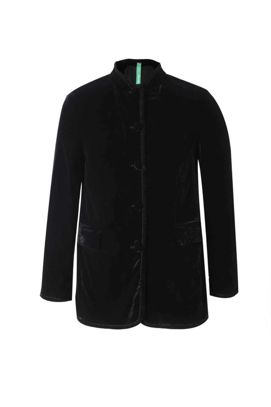 Black Velvet Stand-Collar Jacket – Vintage Luxury Meets Modern Minimalism
