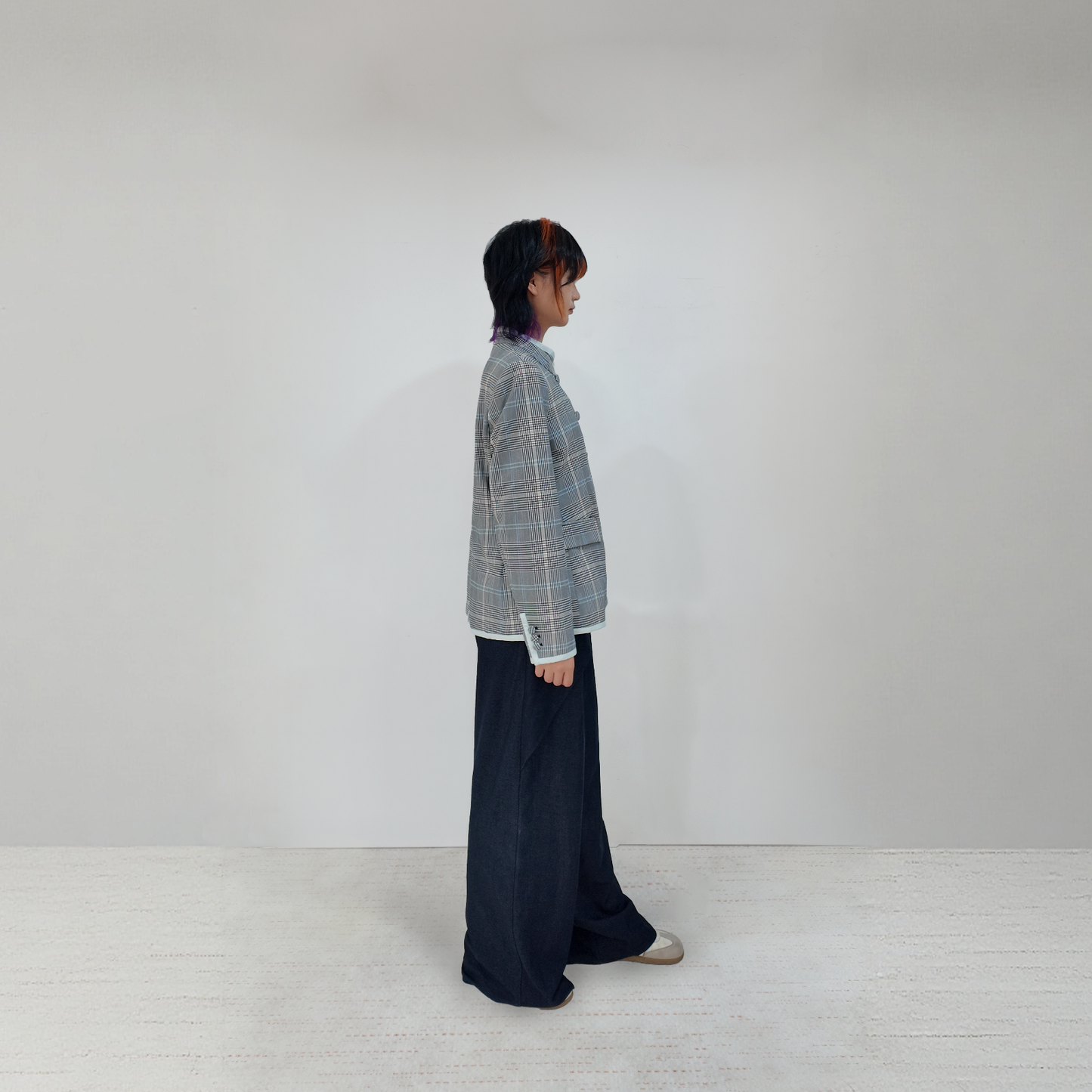 Upcycled Gray Plaid Stand-Collar Jacket – Modern Smart & Minimalist