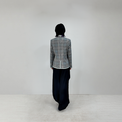 Upcycled Gray Plaid Stand-Collar Jacket – Modern Smart & Minimalist