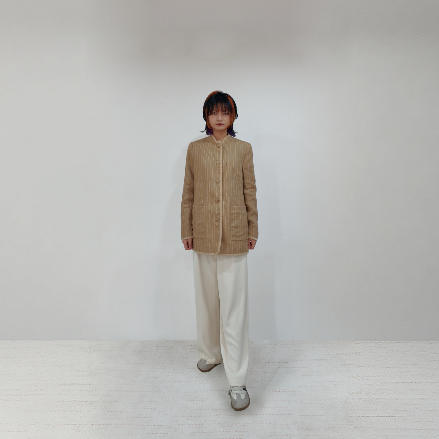 Upcycled Khaki Striped Stand-Collar Jacket – Subtle Shine & Elegant Structure