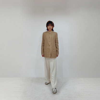 Upcycled Khaki Striped Stand-Collar Jacket – Subtle Shine & Elegant Structure