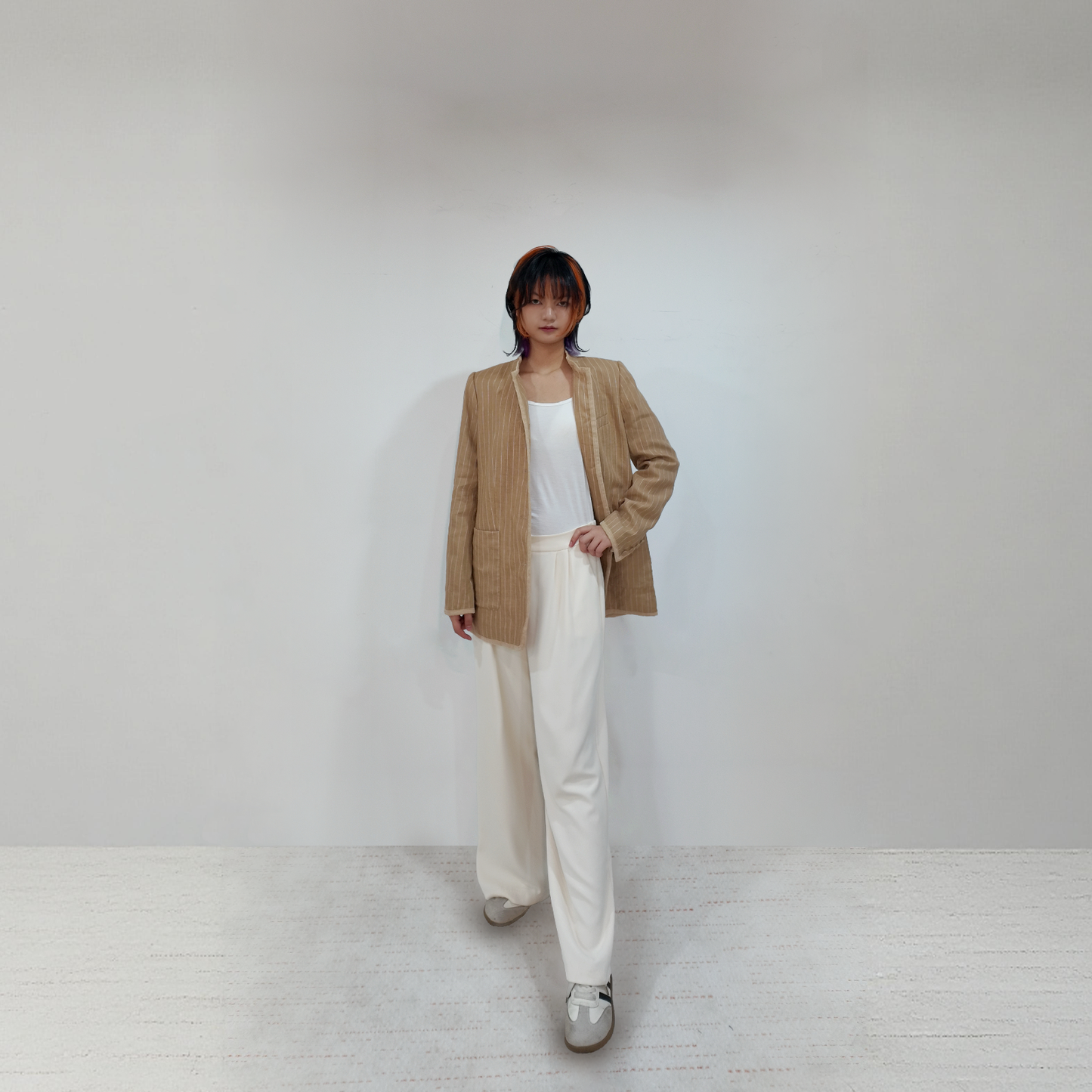 Upcycled Khaki Striped Stand-Collar Jacket – Subtle Shine & Elegant Structure