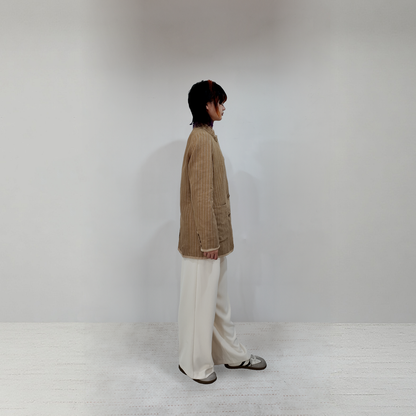 Upcycled Khaki Striped Stand-Collar Jacket – Subtle Shine & Elegant Structure