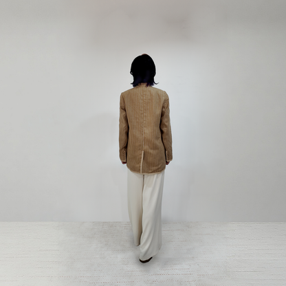 Upcycled Khaki Striped Stand-Collar Jacket – Subtle Shine & Elegant Structure