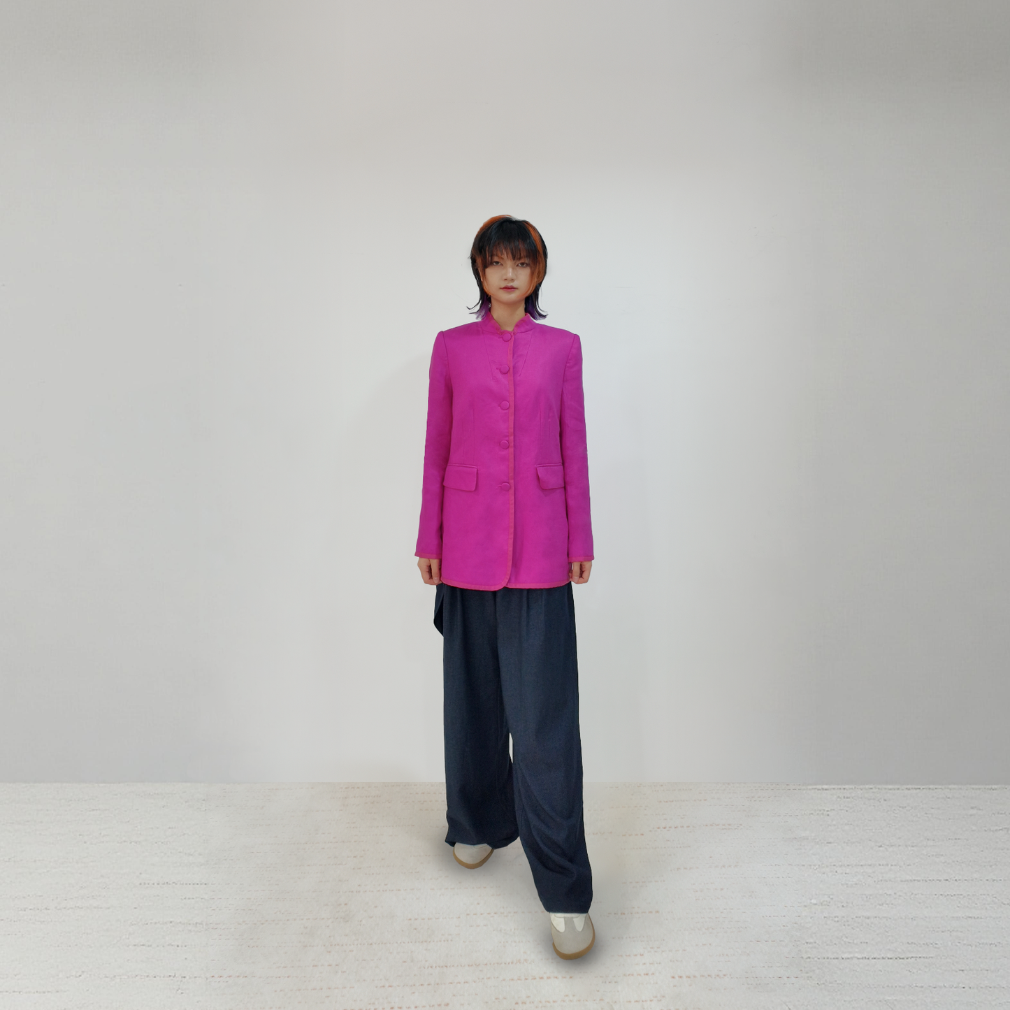 Upcycled Rose Red Stand-Collar Jacket – Modern Oriental Elegance