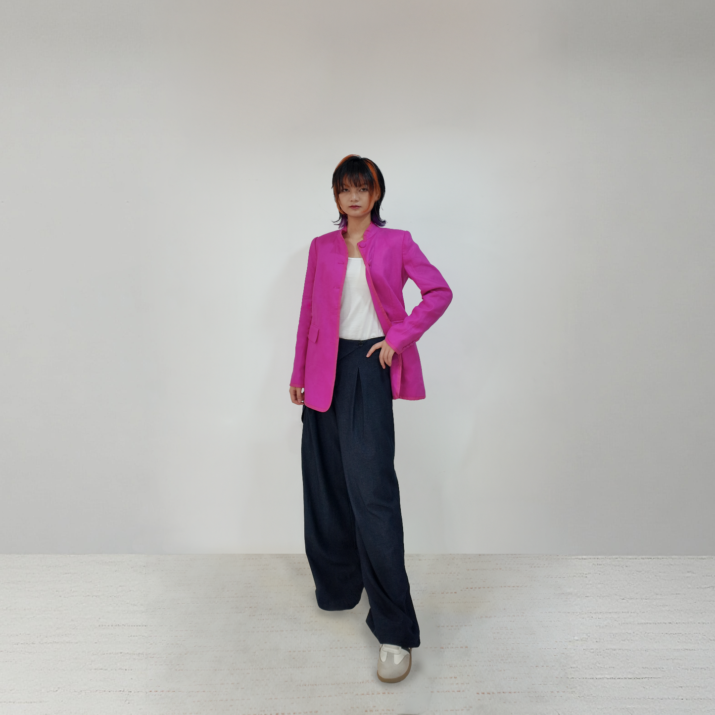 Upcycled Rose Red Stand-Collar Jacket – Modern Oriental Elegance