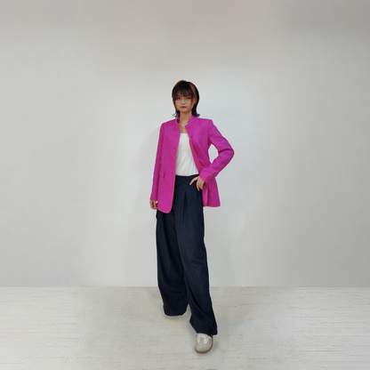 Upcycled Rose Red Stand-Collar Jacket – Modern Oriental Elegance