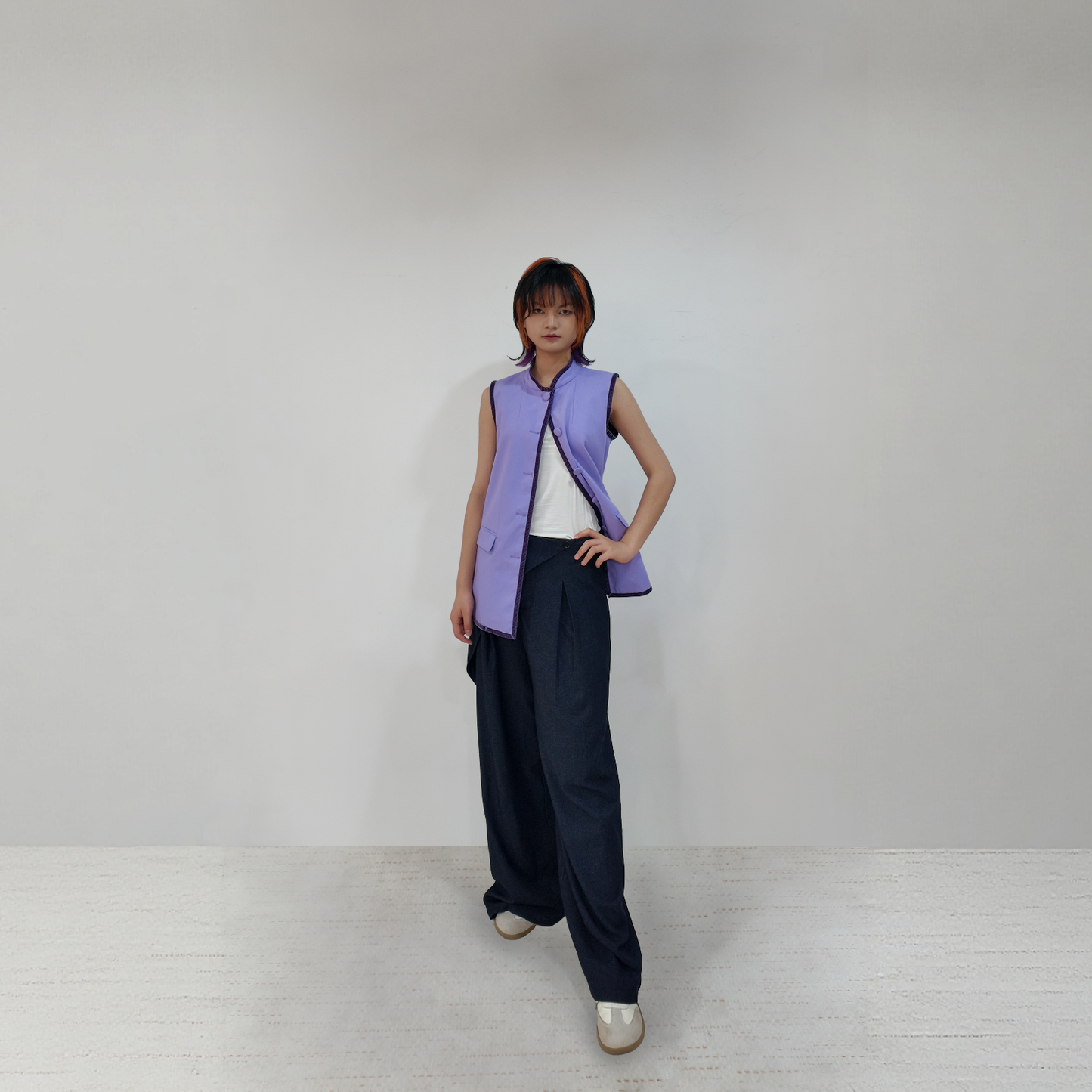 Upcycled Purple Stand-Collar Vest – Artistic Oriental & Vintage Style