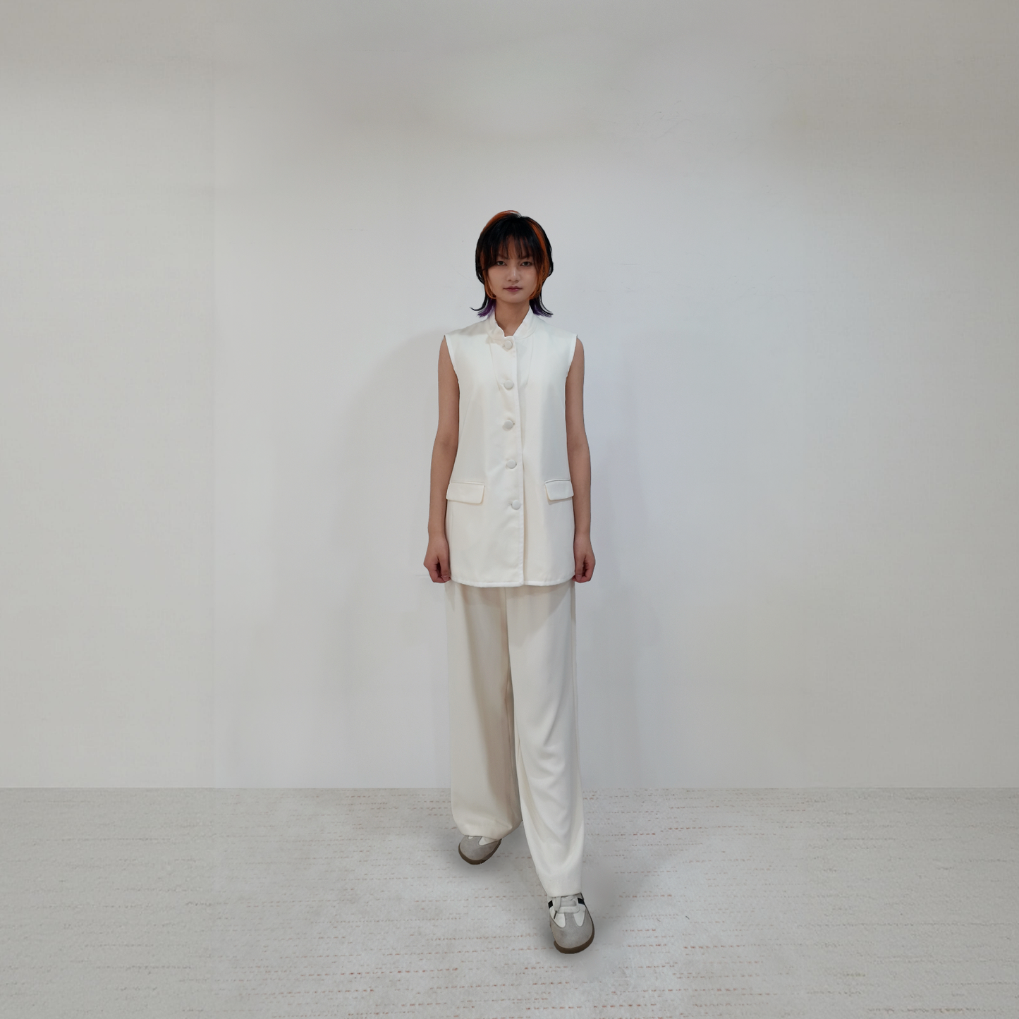 Upcycled White Stand-Collar Vest – Minimalist Oriental Chic