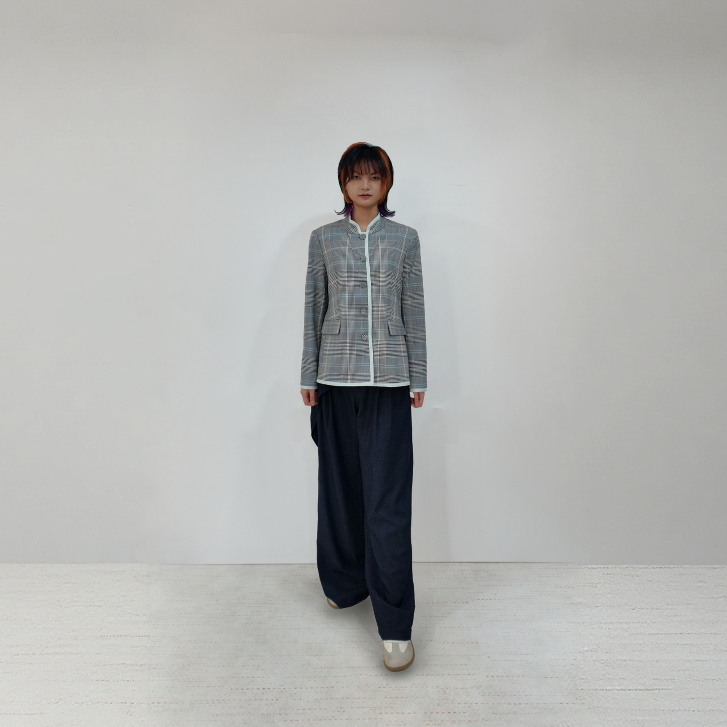 Upcycled Gray Plaid Stand-Collar Jacket – Modern Smart & Minimalist