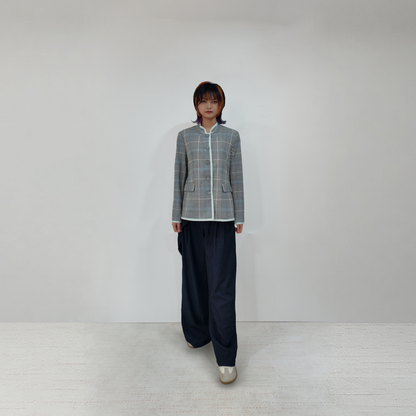 Upcycled Gray Plaid Stand-Collar Jacket – Modern Smart & Minimalist