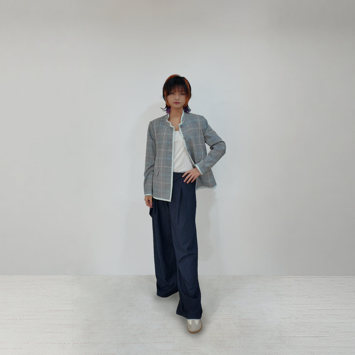 Upcycled Gray Plaid Stand-Collar Jacket – Modern Smart & Minimalist