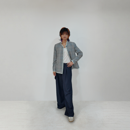 Upcycled Gray Plaid Stand-Collar Jacket – Modern Smart & Minimalist