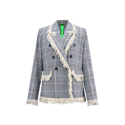 Upcycled Check Fringe Blazer – Vintage-Inspired Sustainable Outerwear