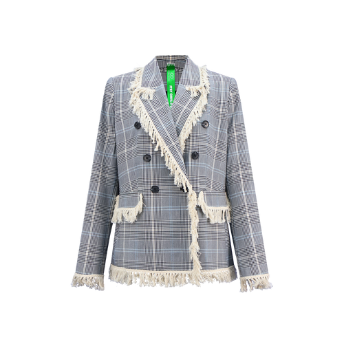 Upcycled Check Fringe Blazer – Vintage-Inspired Sustainable Outerwear