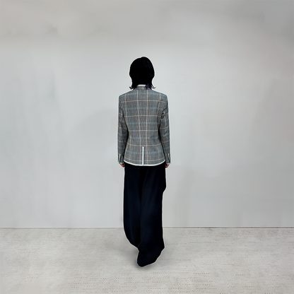 Upcycled Gray Plaid Stand-Collar Jacket – Modern Smart & Minimalist