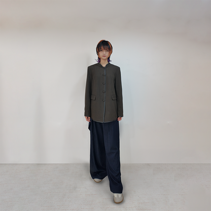 Upcycled Brown Stand-Collar Jacket – Plaid Meets Punk Edge