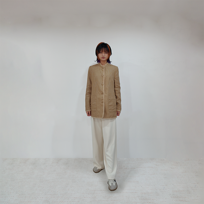 Upcycled Khaki Striped Stand-Collar Jacket – Subtle Shine & Elegant Structure