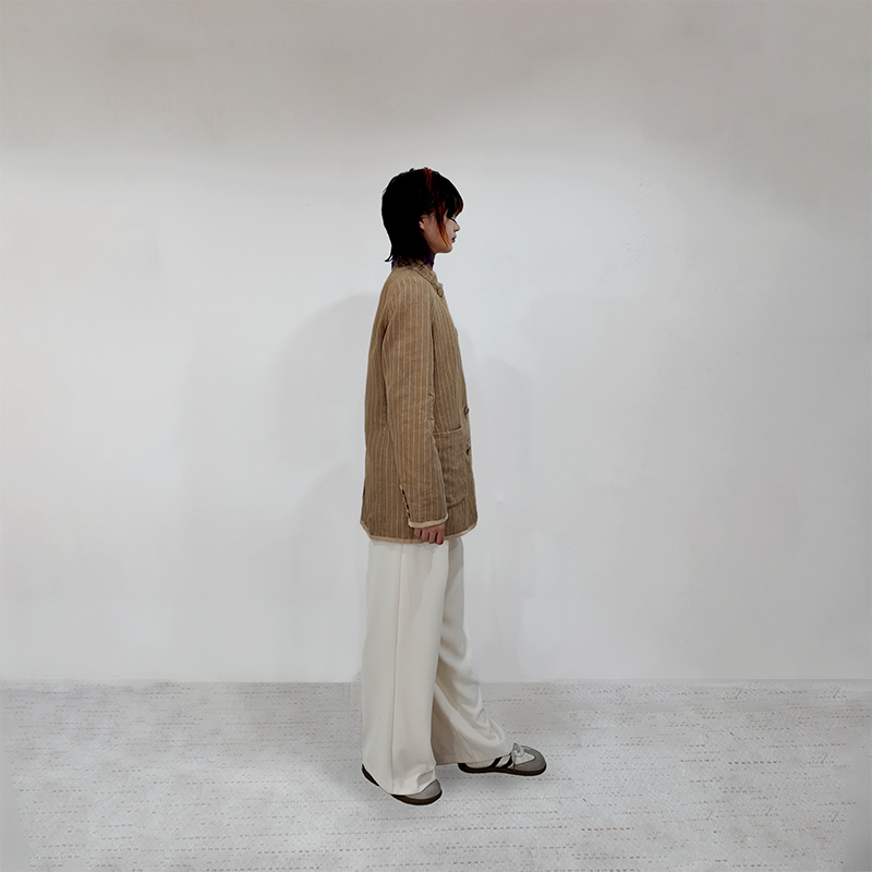 Upcycled Khaki Striped Stand-Collar Jacket – Subtle Shine & Elegant Structure