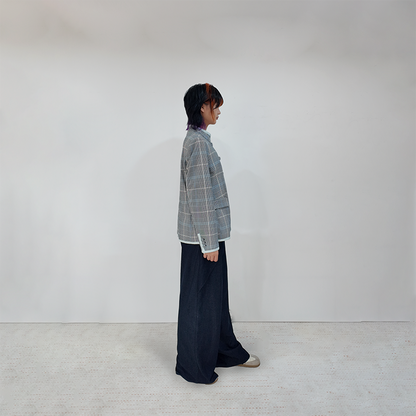Upcycled Gray Plaid Stand-Collar Jacket – Modern Smart & Minimalist