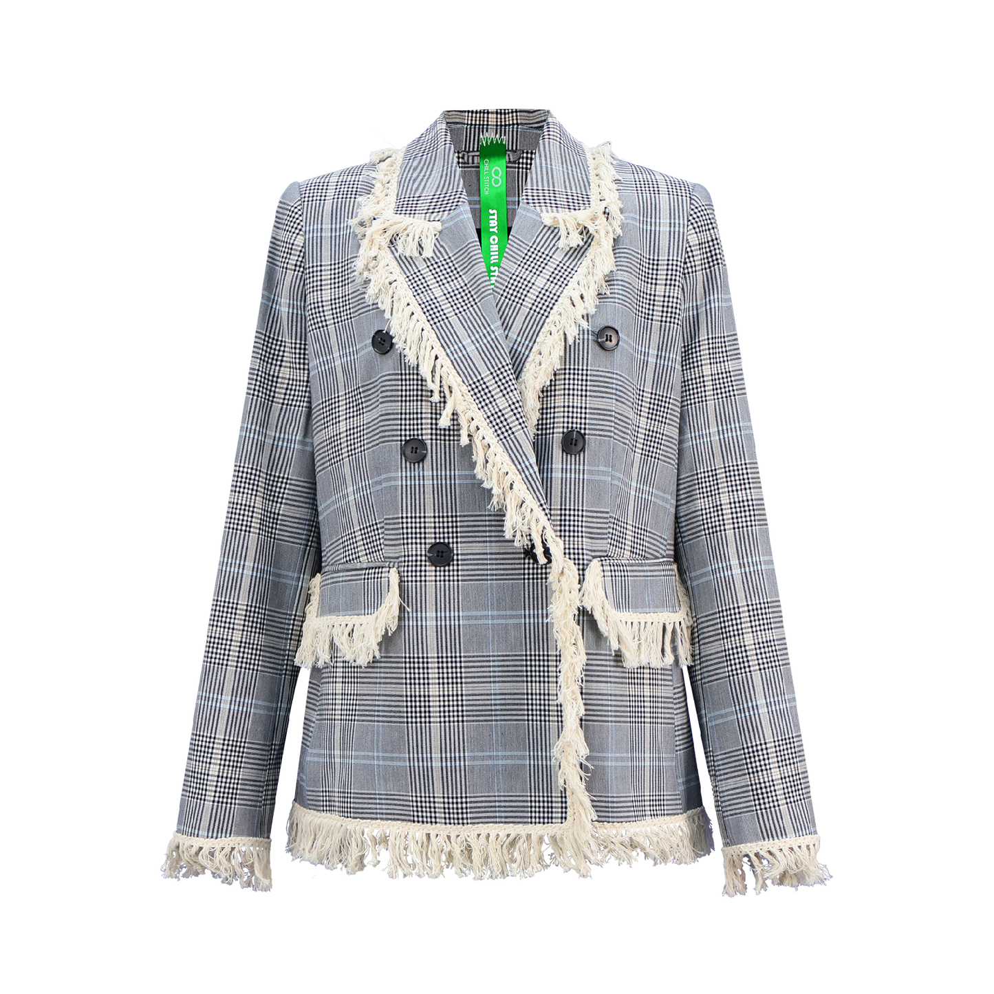 Upcycled Check Fringe Blazer – Vintage-Inspired Sustainable Outerwear
