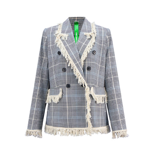 Upcycled Check Fringe Blazer – Vintage-Inspired Sustainable Outerwear