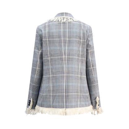 Upcycled Check Fringe Blazer – Vintage-Inspired Sustainable Outerwear